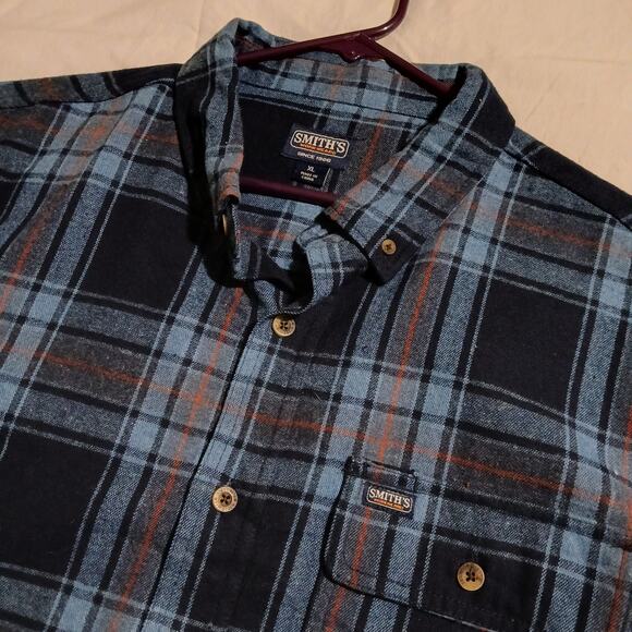 SMITH'S Work Wear Men's XL Deep Blue/Grey Plaid Flannel Easy Care Long-Sleeved - Picture 4 of 11